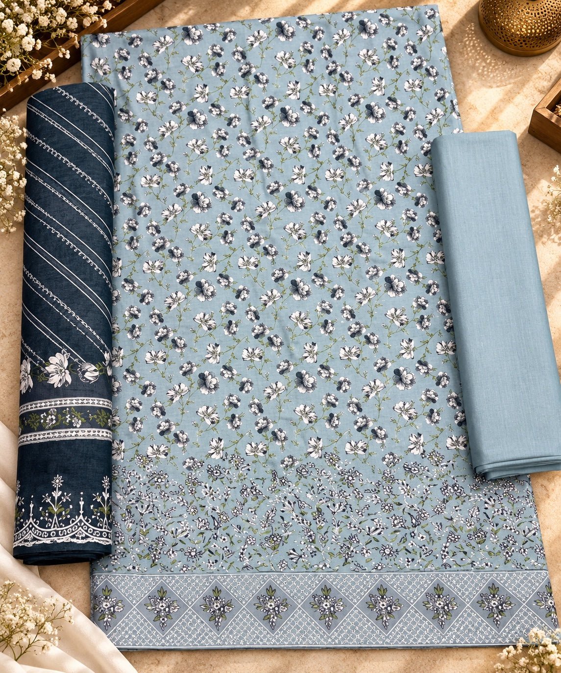 Bin Saeed embroidered 3-piece Khaddar suit in powder blue