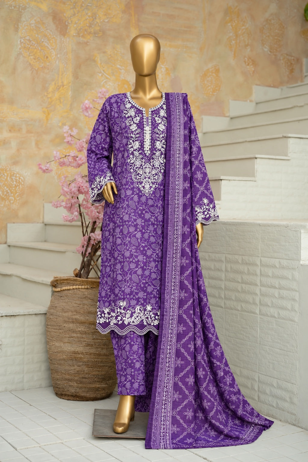 BIN SAEED purple embroidered khaddar 3-piece shalwar kameez