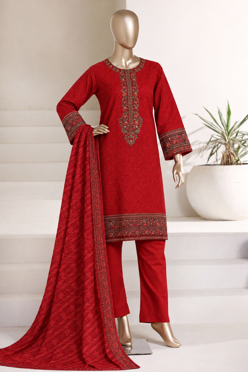 BIN SAEED embroidered khaddar suit in red