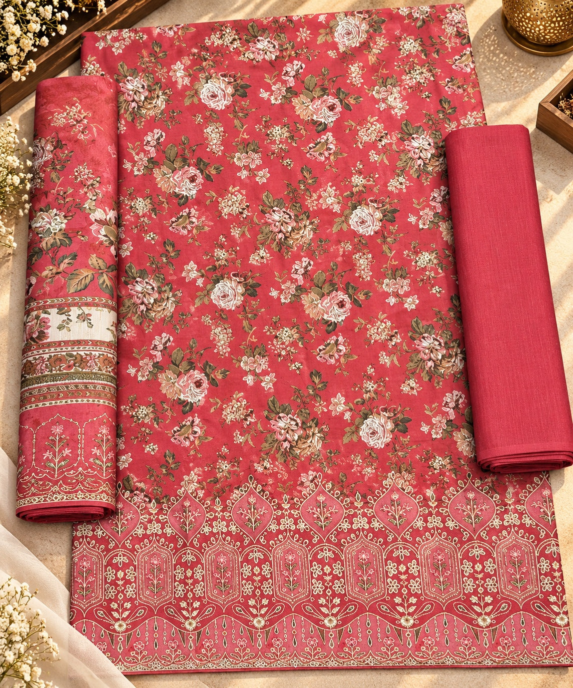 Bin Saeed embroidered 3-piece Khaddar suit in rose red