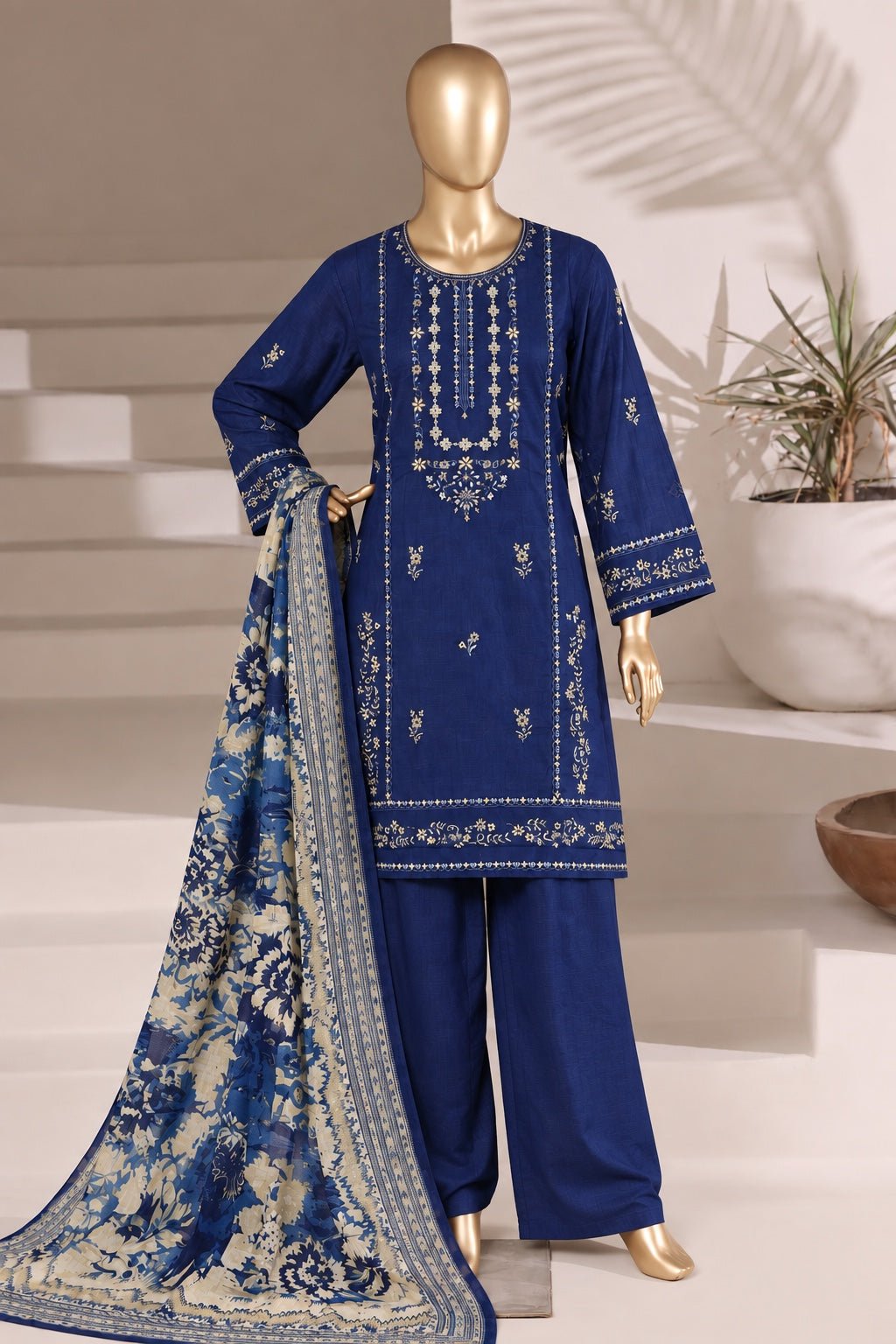 BIN SAEED | Stitched 3 Pc Embroidered Khaddar — Royal Blue | Premium Winter Dress - BarerahFabrics