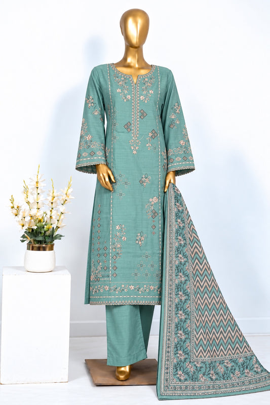 BIN SAEED stitched 3 piece embroidered Khaddar - Sea Green