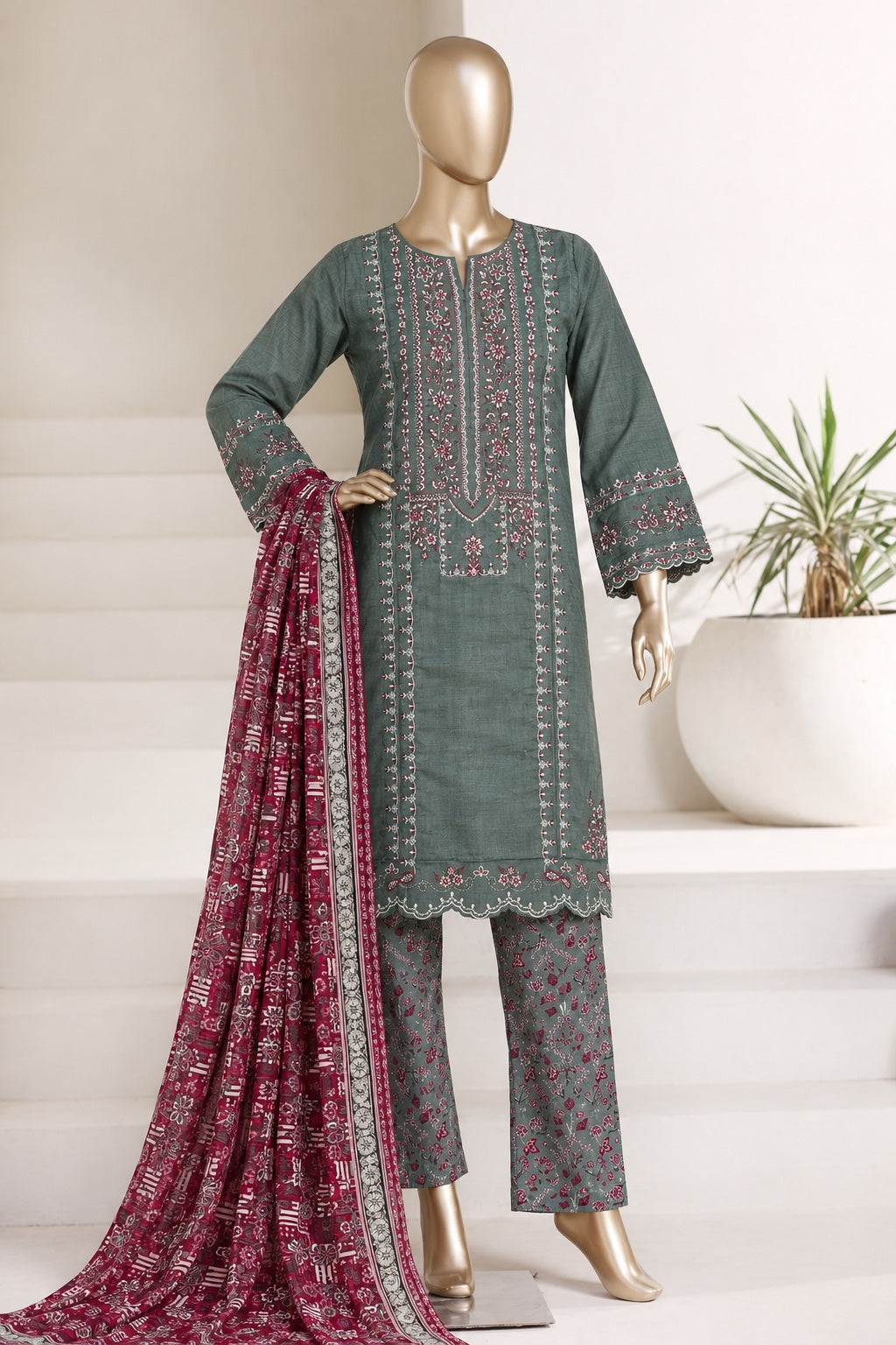 BIN SAEED embroidered khaddar suit in teal grey