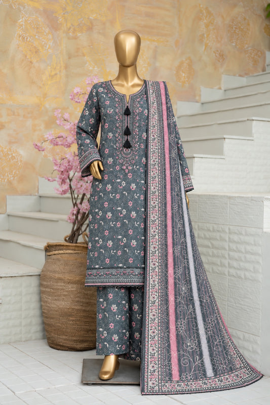 BIN SAEED teal grey and pink embroidered khaddar 3-piece shalwar kameez