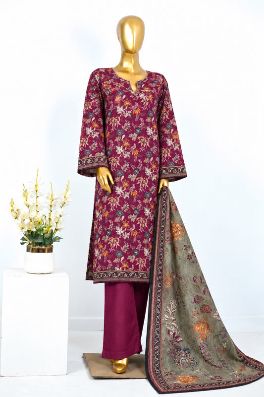 Magenta Floral Bin Saeed stitched 3-piece printed khaddar suit with shirt, trouser and dupatta