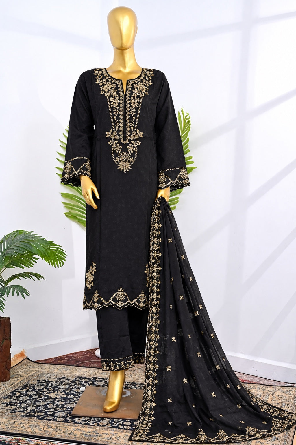 Bin Saeed Stitched 3Pc Embroidered Marina With Shawl - Black