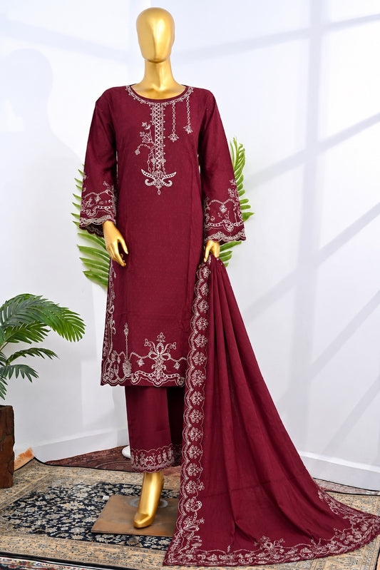 Bin Saeed Stitched 3Pc Embroidered Marina With Shawl - Maroon