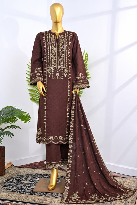 Bin Saeed Stitched 3Pc Embroidered Marina With Shawl - Chocolate Brown