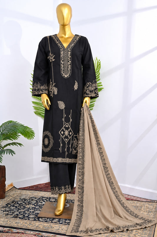 Bin Saeed Stitched 3Pc Embroidered Marina With Shawl - Black & Beige