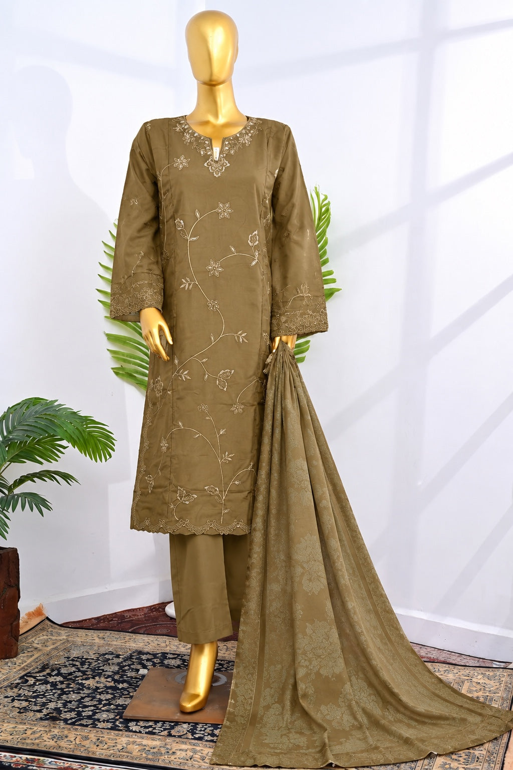 Bin Saeed Stitched 3Pc Embroidered Marina With Shawl - Olive Brown