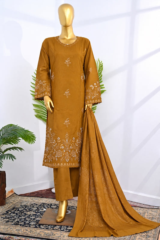 Bin Saeed Stitched 3Pc Embroidered Marina With Shawl - Mustard
