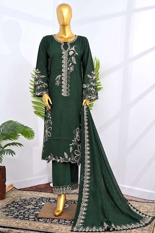 Bin Saeed Stitched 3Pc Embroidered Marina With Shawl - Bottle Green