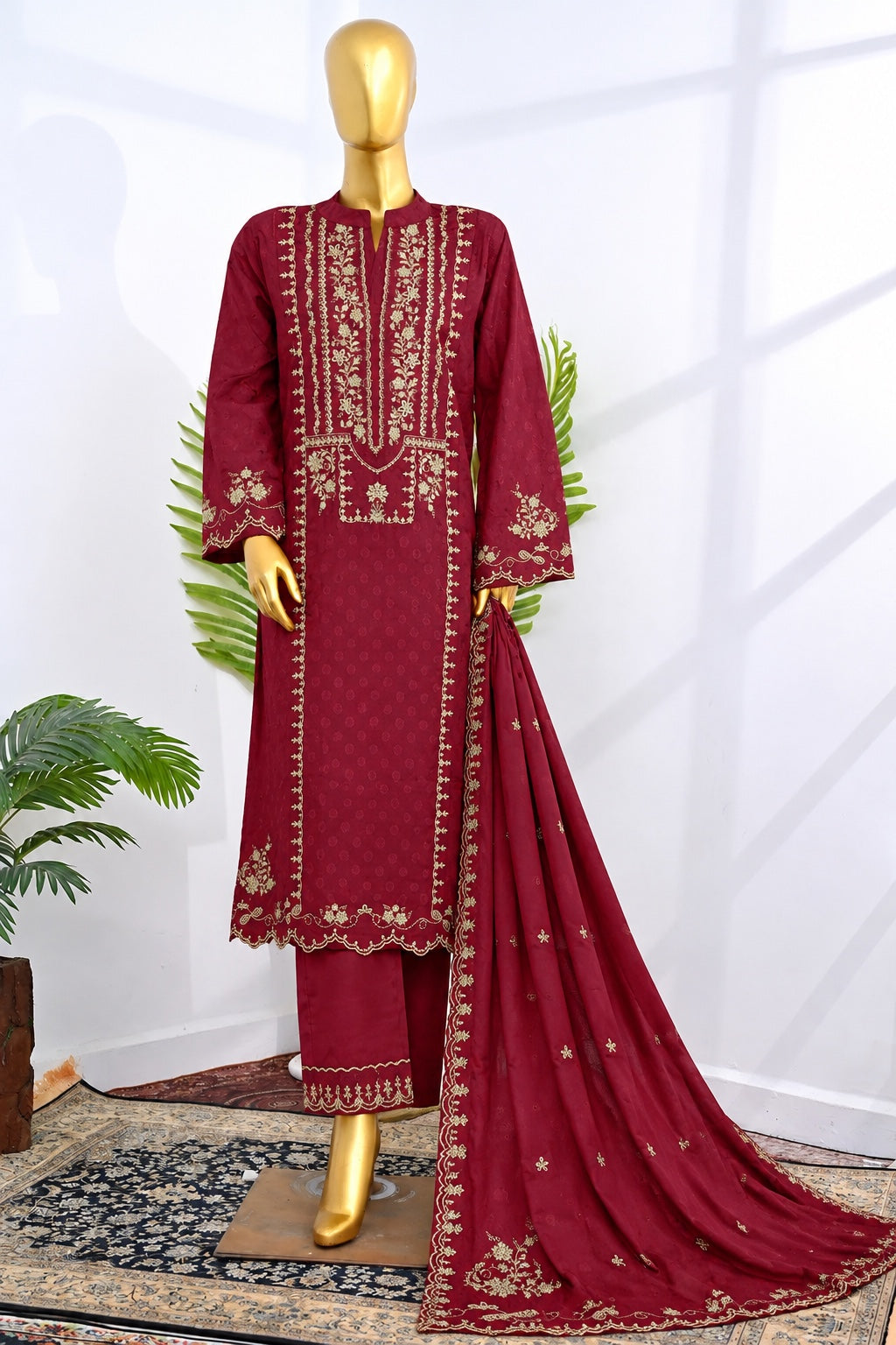 Bin Saeed Stitched 3Pc Embroidered Marina With Shawl - Deep Maroon