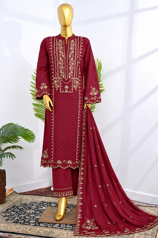 Bin Saeed Stitched 3Pc Embroidered Marina With Shawl - Deep Maroon