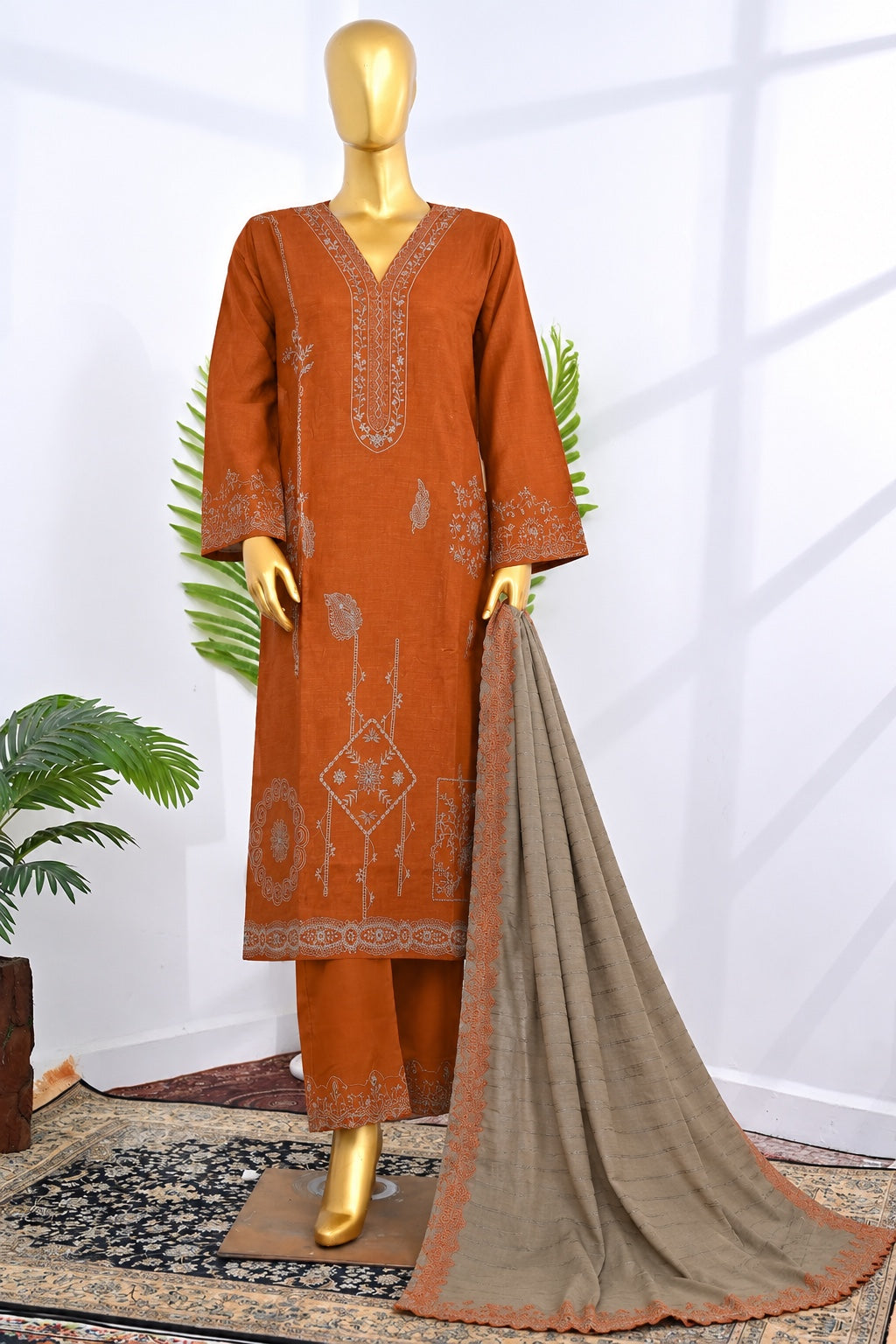 Bin Saeed Stitched 3Pc Embroidered Marina With Shawl - Rust Orange