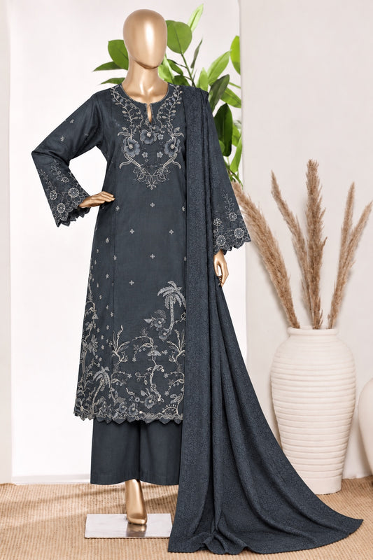 BIN SAEED stitched 3-piece embroidered Marina suit with shawl — Charcoal Grey
