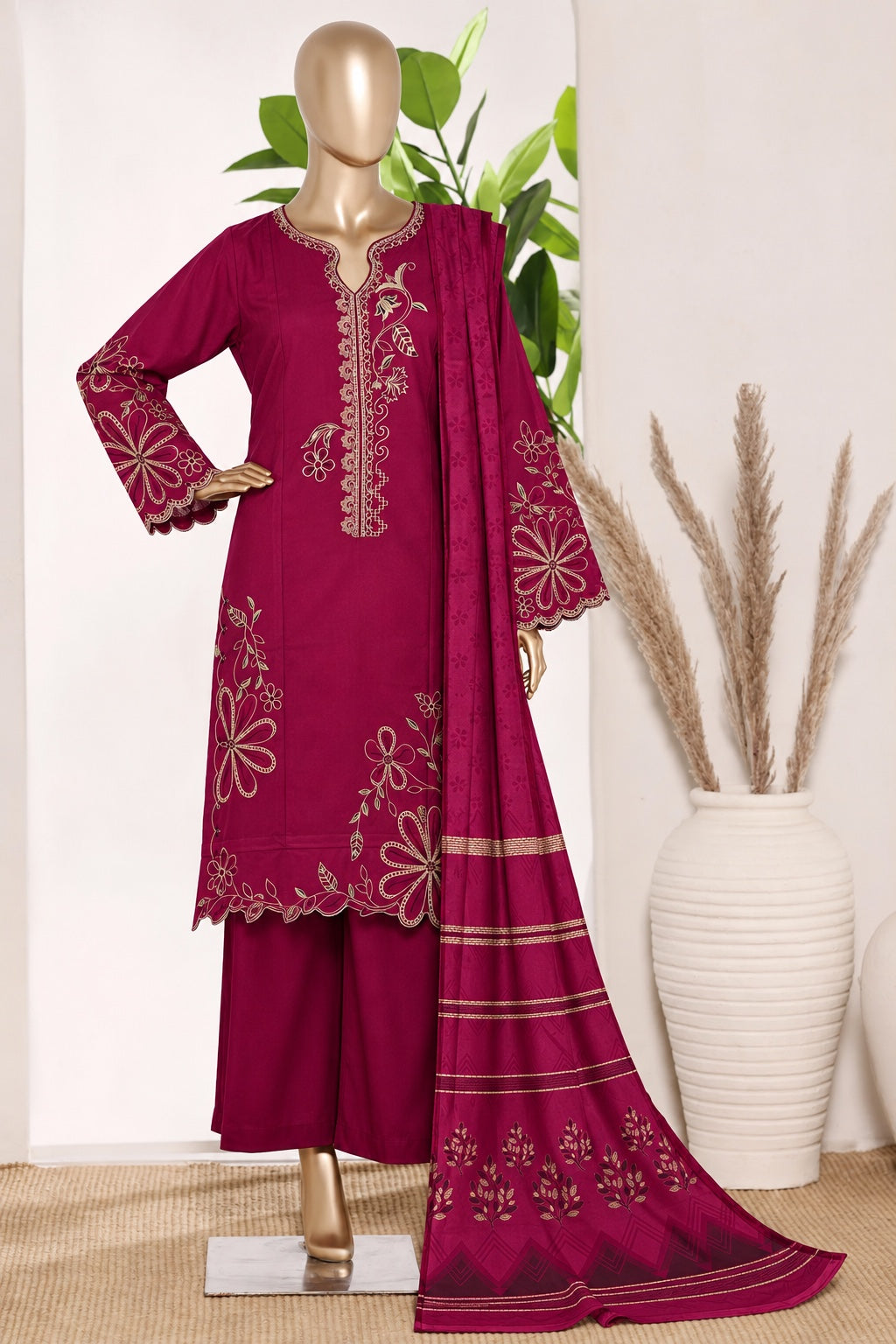 BIN SAEED stitched 3-piece embroidered Marina suit with shawl — Magenta