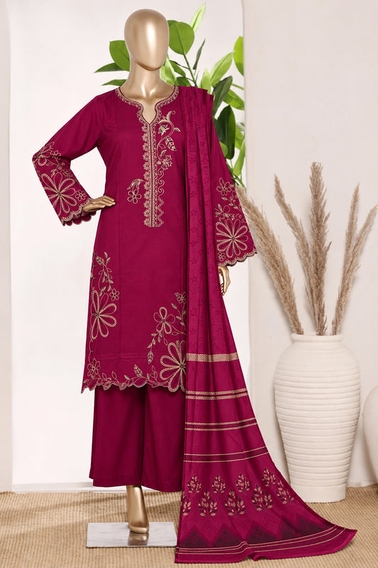 BIN SAEED stitched 3-piece embroidered Marina suit with shawl — Magenta