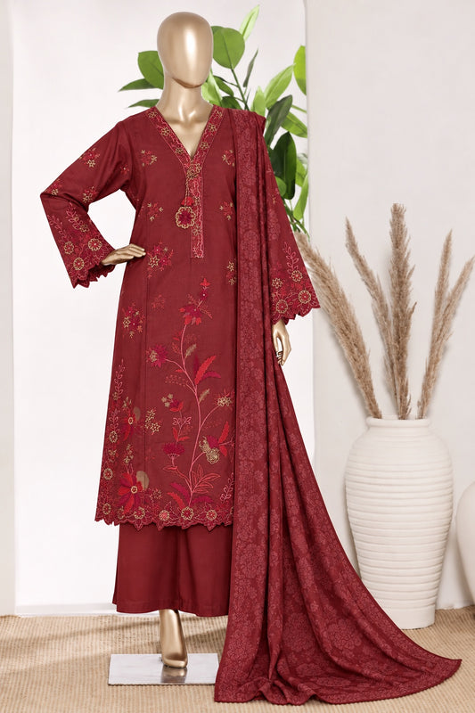 BIN SAEED stitched 3-piece embroidered Marina suit with shawl — Maroon Floral