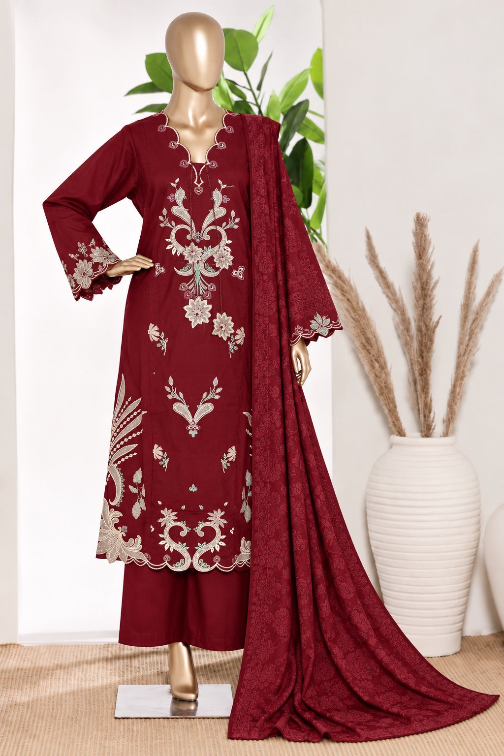 BIN SAEED stitched 3-piece embroidered Marina suit with shawl — Maroon