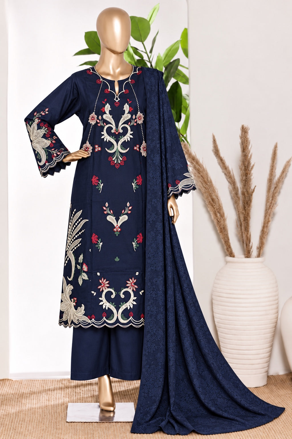 BIN SAEED stitched 3-piece embroidered Marina suit with shawl — Navy Blue