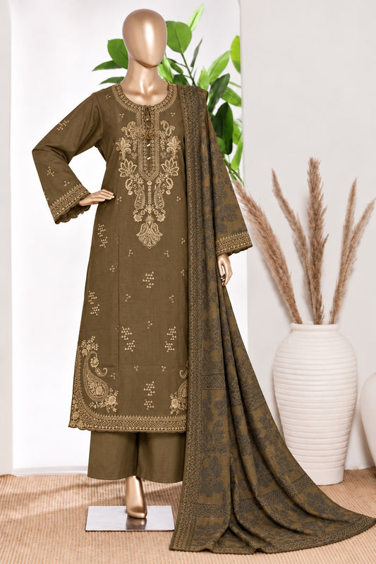 BIN SAEED stitched 3-piece embroidered Marina suit with shawl — Olive Brown