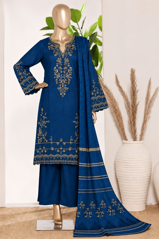 BIN SAEED stitched 3-piece embroidered Marina suit with shawl — Royal Blue
