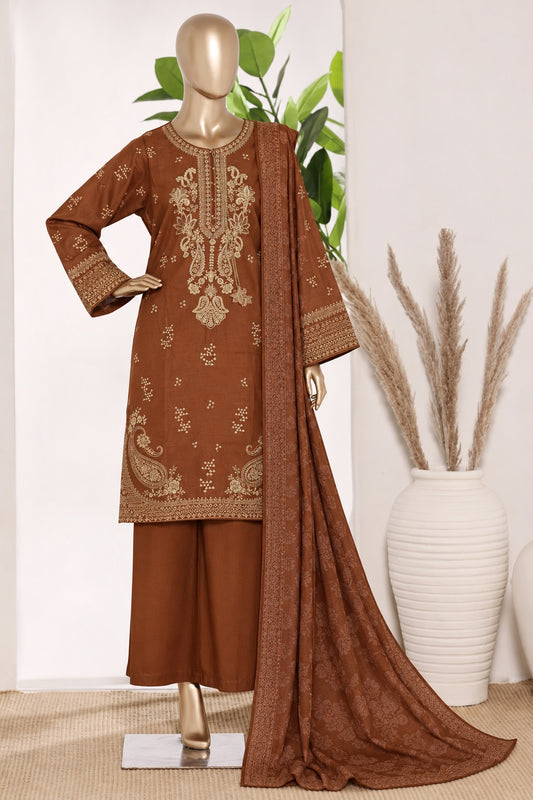 BIN SAEED stitched 3-piece embroidered Marina suit with shawl — Rust Brown