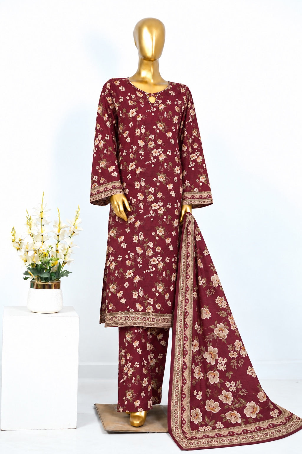 Maroon Floral Bin Saeed stitched 3-piece printed khaddar suit with shirt, trouser and dupatta