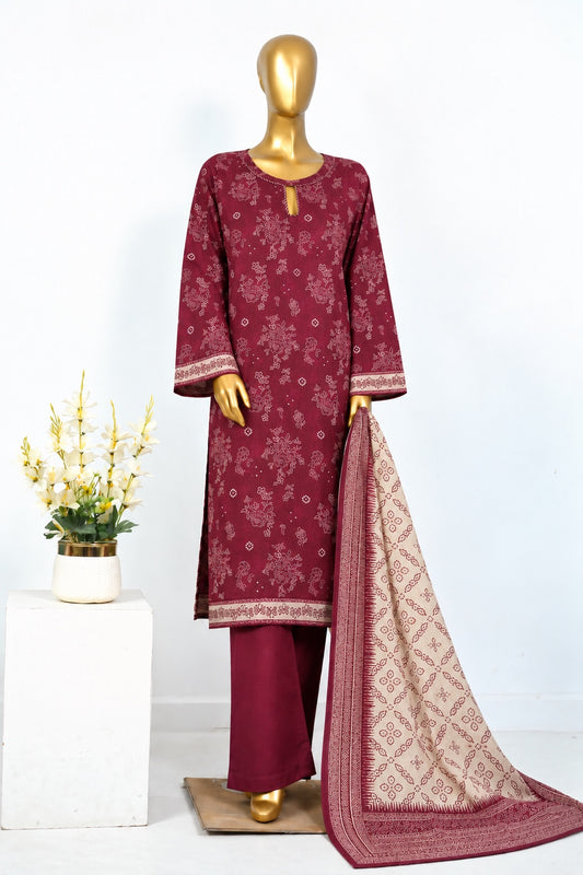 Bin Saeed stitched 3-piece printed Khaddar suit in maroon colorway