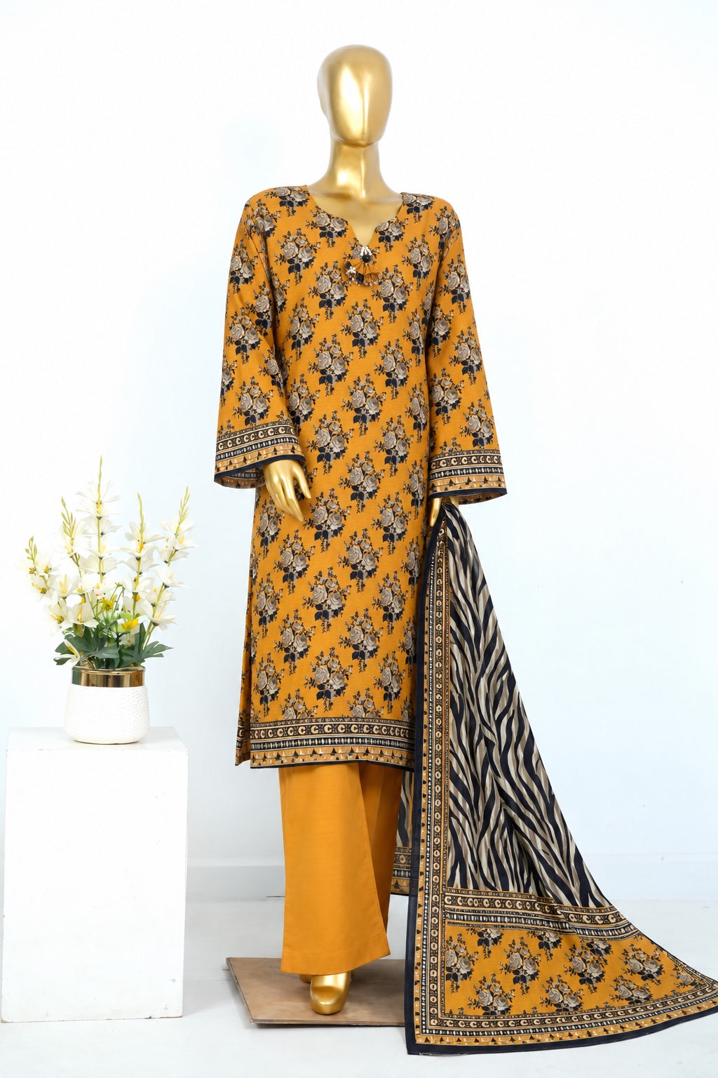 Mustard Bin Saeed stitched 3-piece printed khaddar suit with shirt, trouser and dupatta