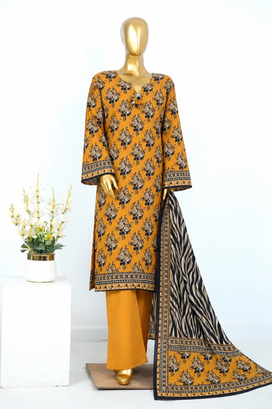Mustard Bin Saeed stitched 3-piece printed khaddar suit with shirt, trouser and dupatta