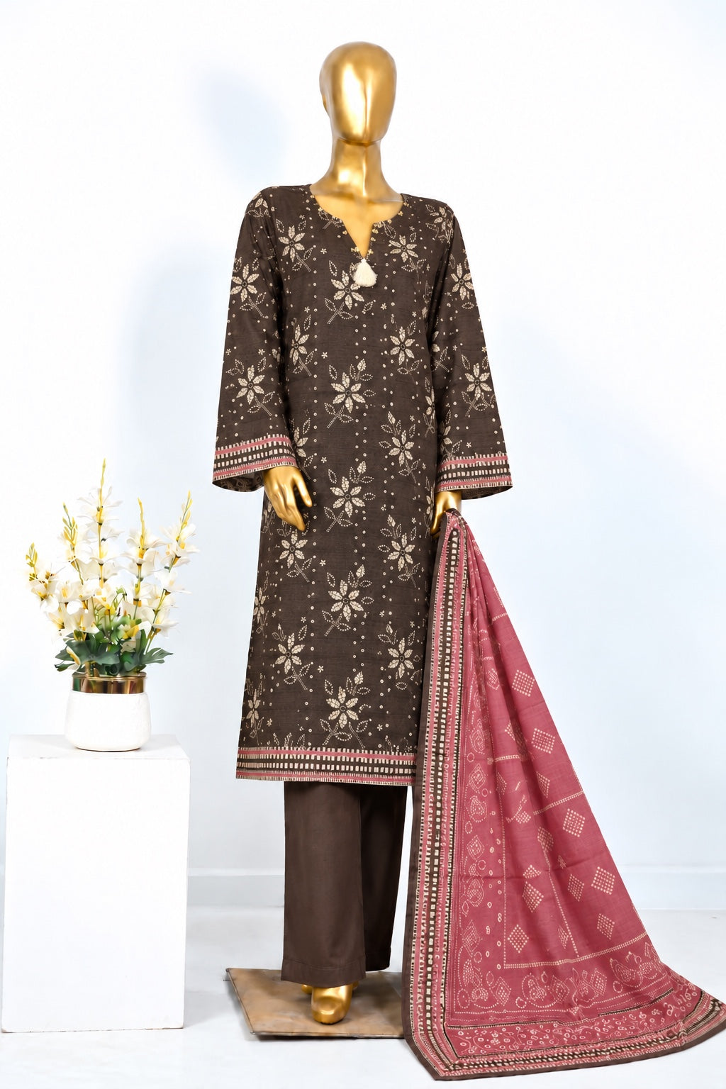 Bin Saeed stitched 3-piece printed Khaddar suit in brown mustard-toned colorway
