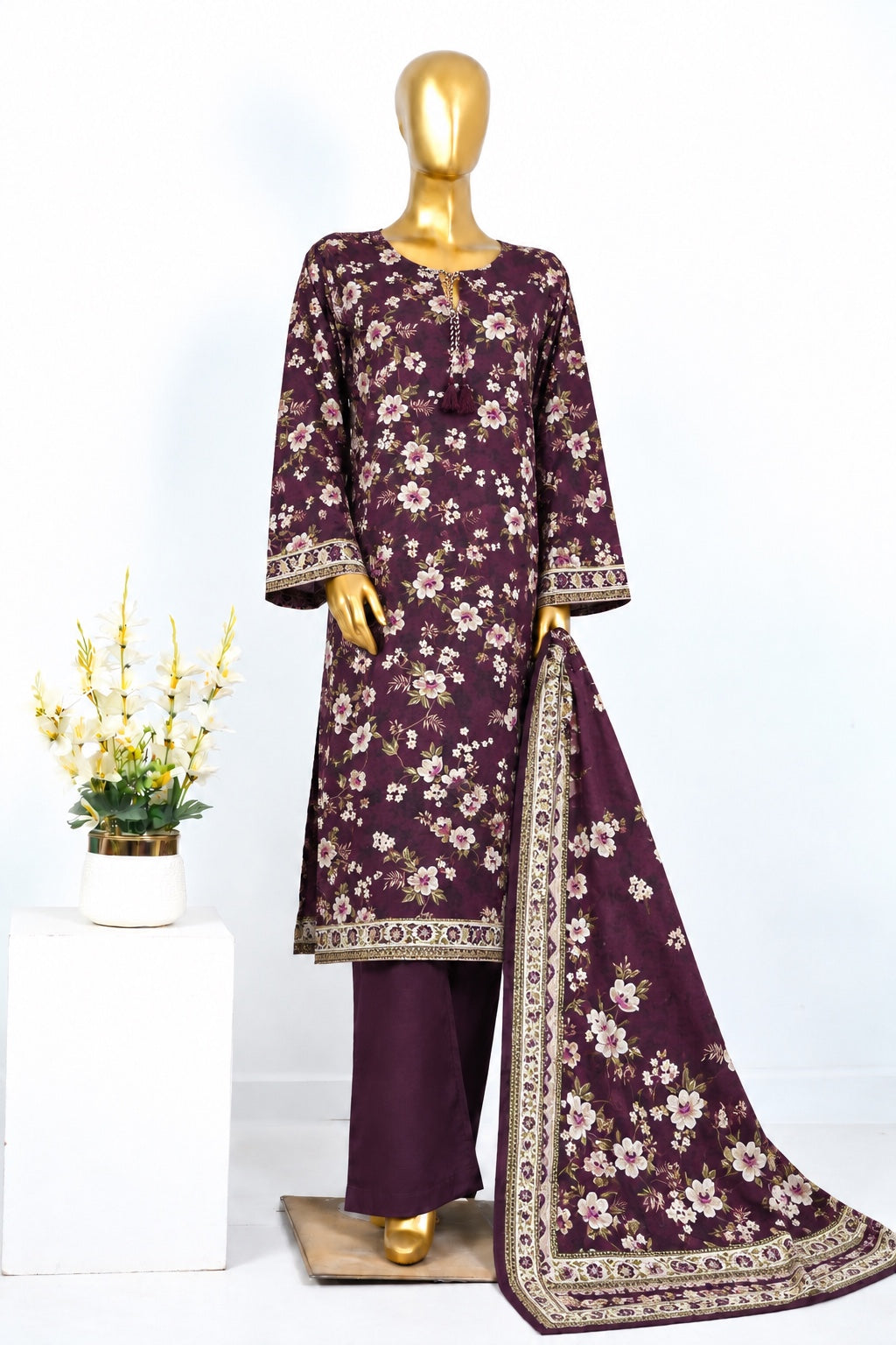 Plum Floral Bin Saeed stitched 3-piece printed khaddar suit with shirt, trouser and dupatta