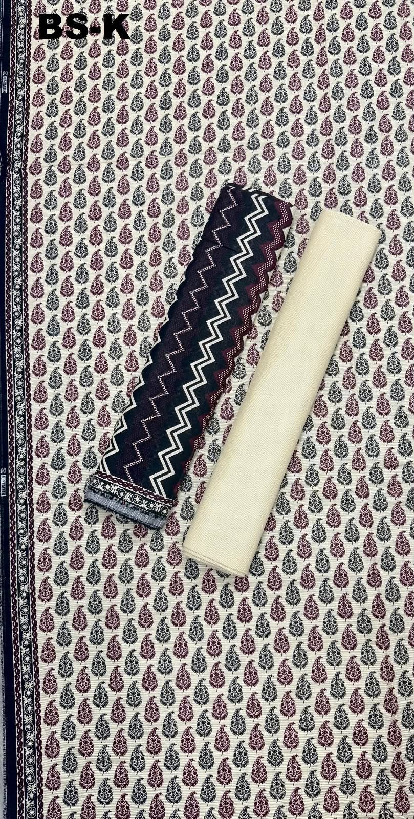 Bin Saeed unstitched Khaddar suit in cream, navy and maroon