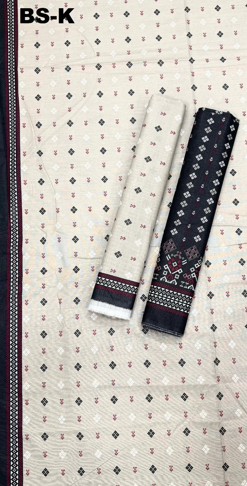 Bin Saeed unstitched Khaddar suit in ivory, black and burgundy