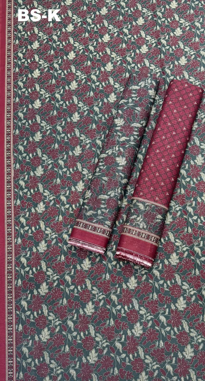 Bin Saeed unstitched Khaddar suit in dark green and burgundy