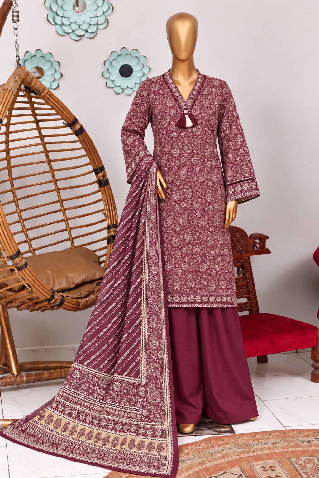 Bin Saeed stitched 3-piece printed khaddar suit - Maroon Paisley