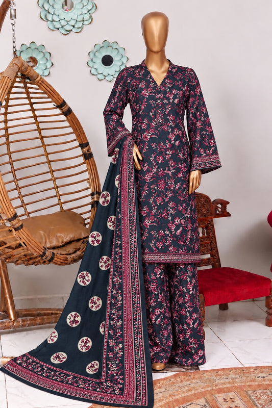 Bin Saeed stitched 3-piece printed khaddar suit - Navy Blue Floral