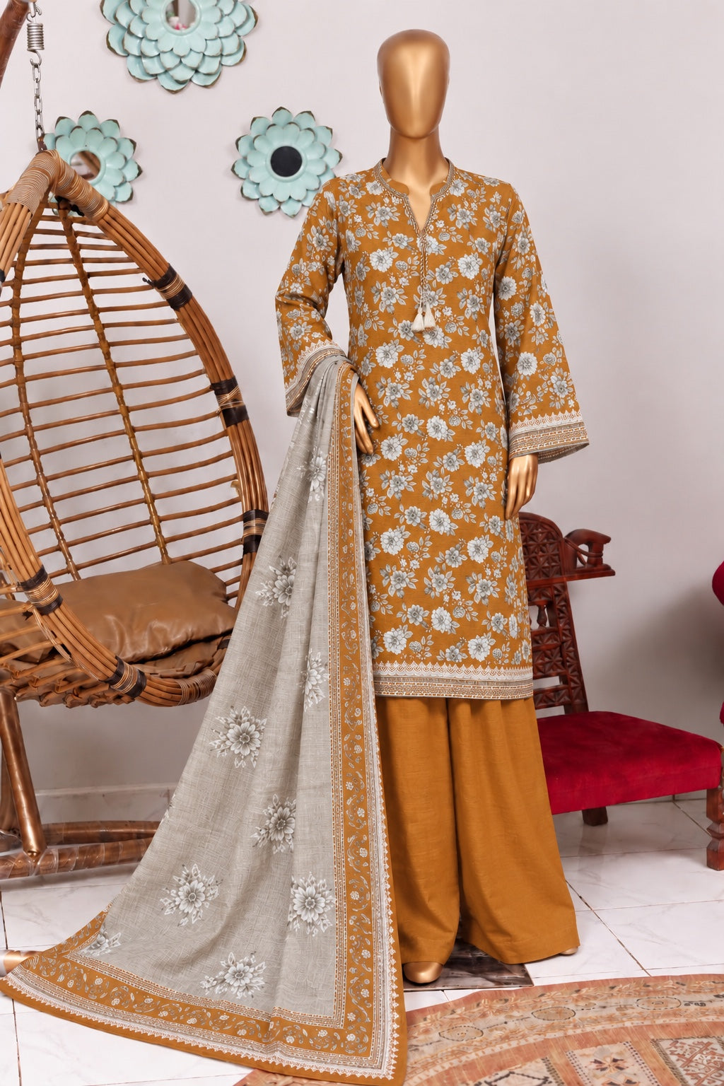 Bin Saeed stitched 3-piece printed khaddar suit - Mustard Yellow Floral