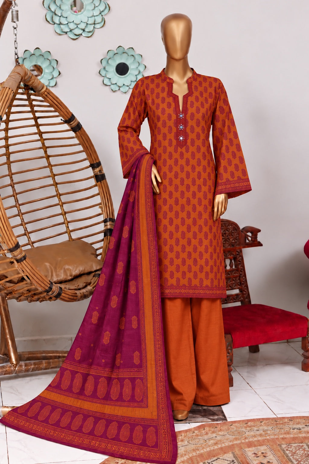 Bin Saeed stitched 3-piece printed khaddar suit - Rust Orange