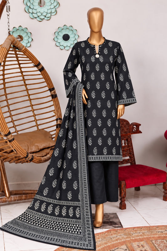 Bin Saeed stitched 3-piece printed khaddar suit - Black White Print