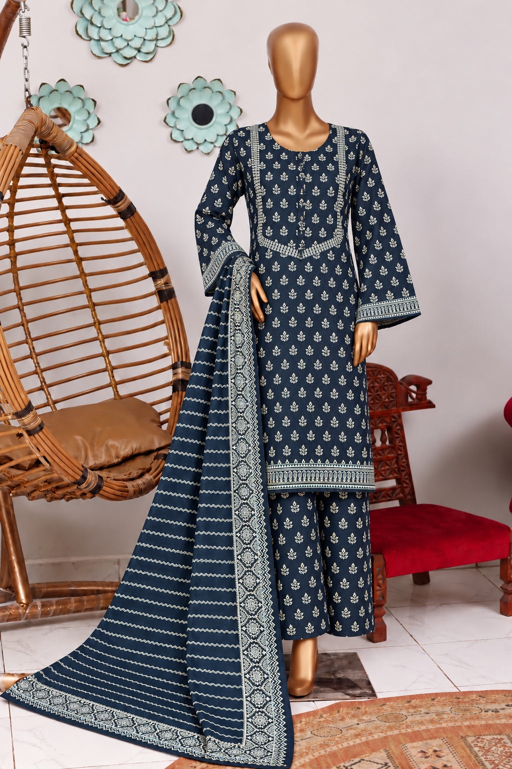 Bin Saeed stitched 3-piece printed khaddar suit - Navy Blue White Motif