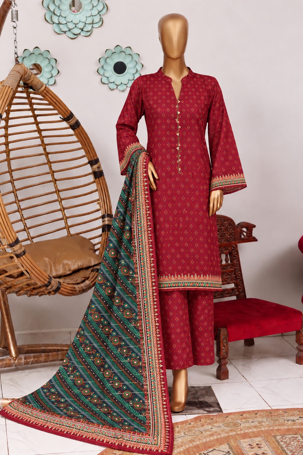 Bin Saeed stitched 3-piece printed khaddar suit - Deep Red Multicolor