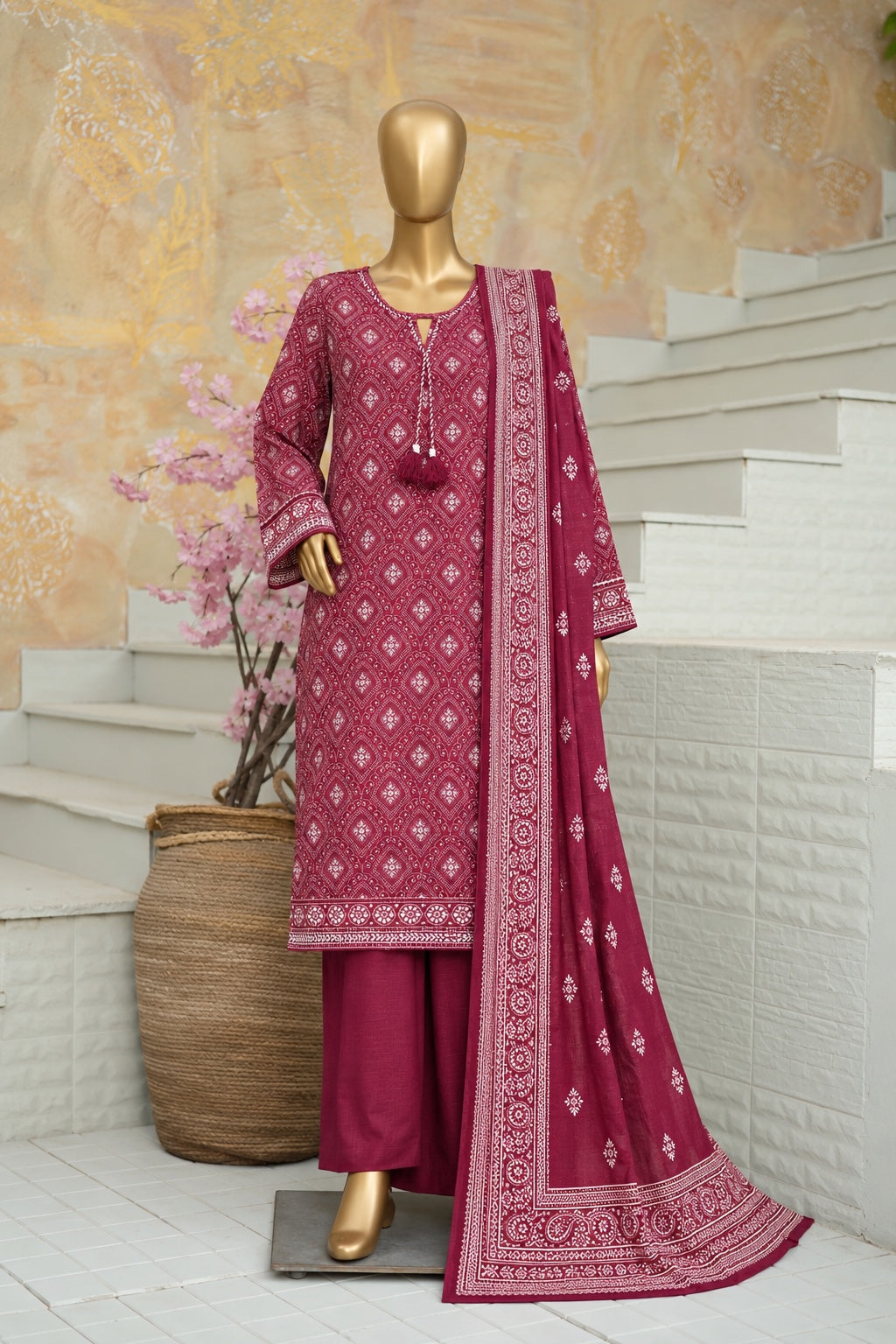 Bin Saeed stitched 3-piece printed khaddar suit - Raspberry Pink