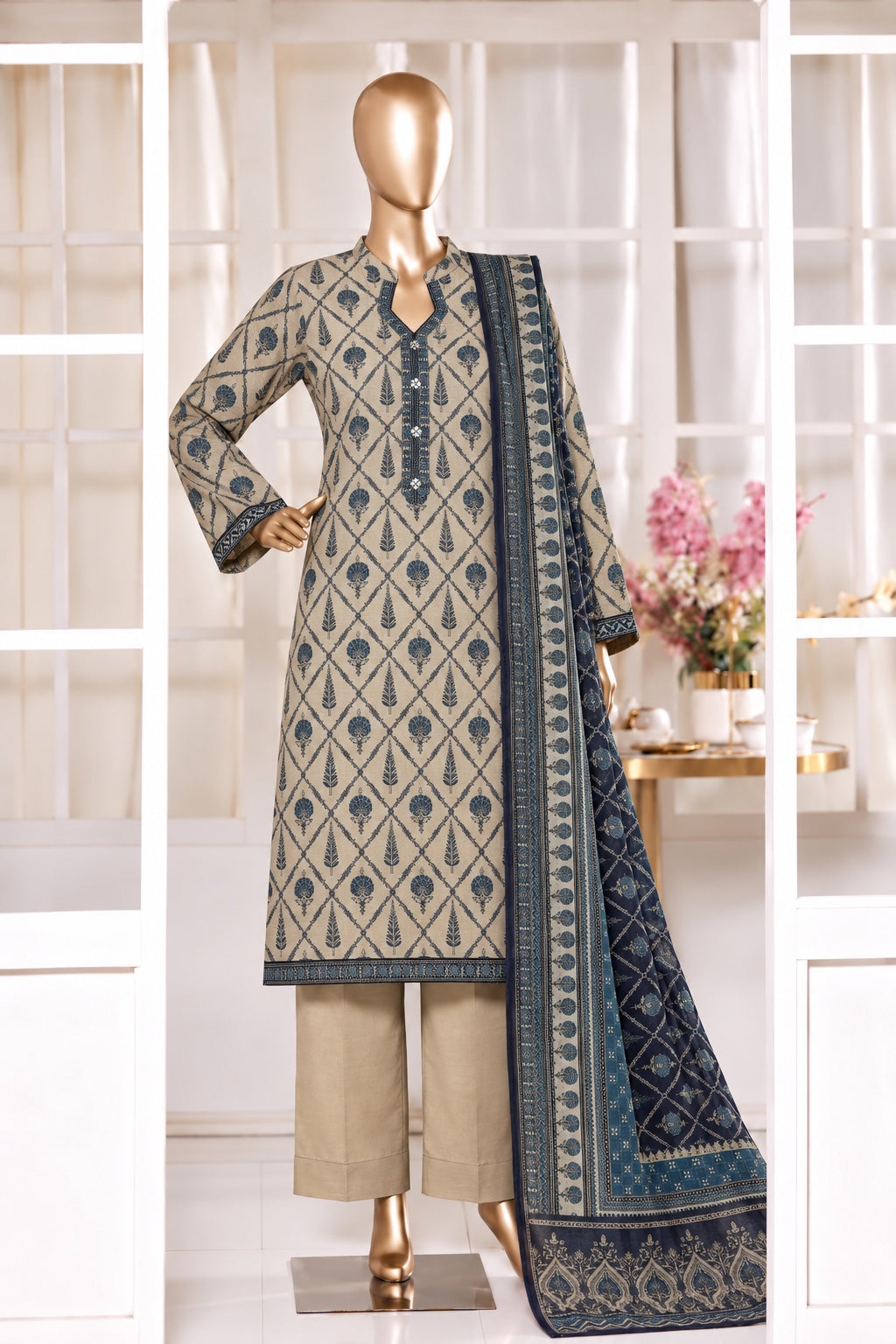 Beige khaddar suit with navy geometric print and matching dupatta