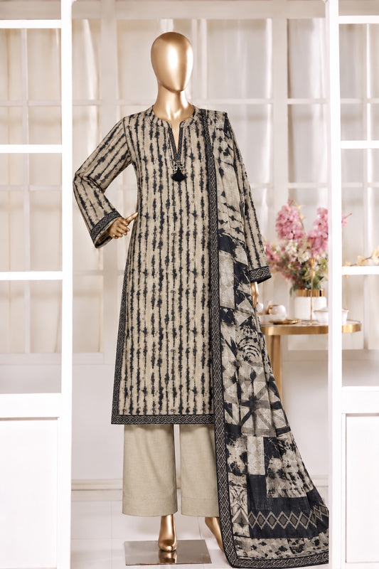 Black and beige printed khaddar suit with matching abstract dupatta