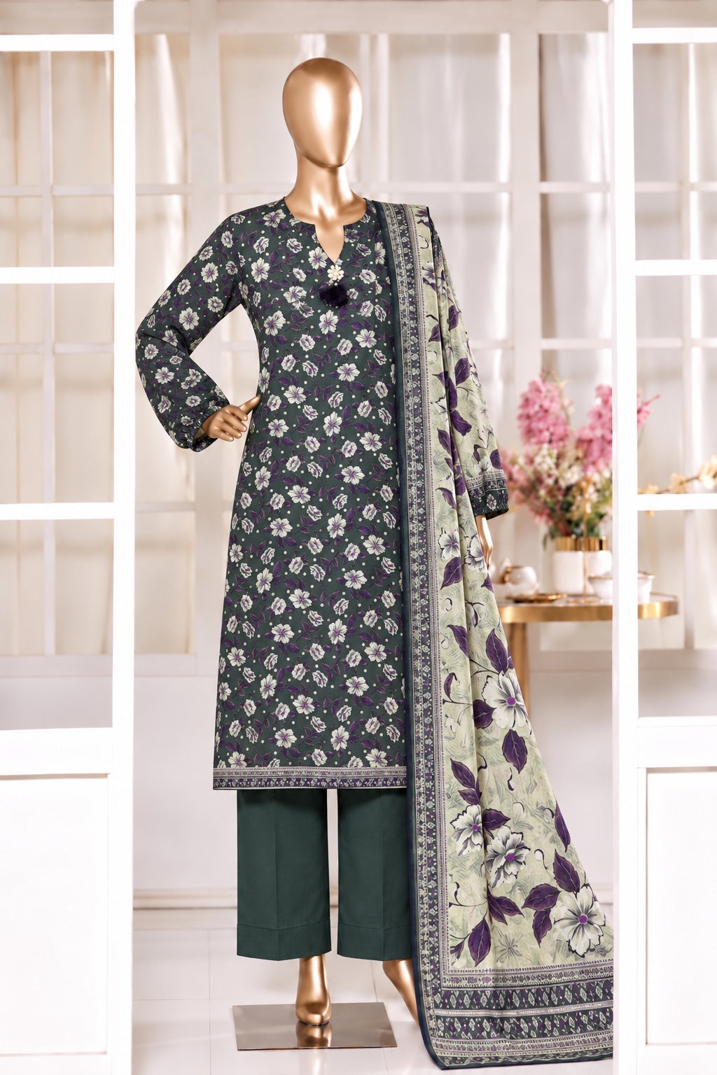 Deep green khaddar suit with floral print and coordinating dupatta