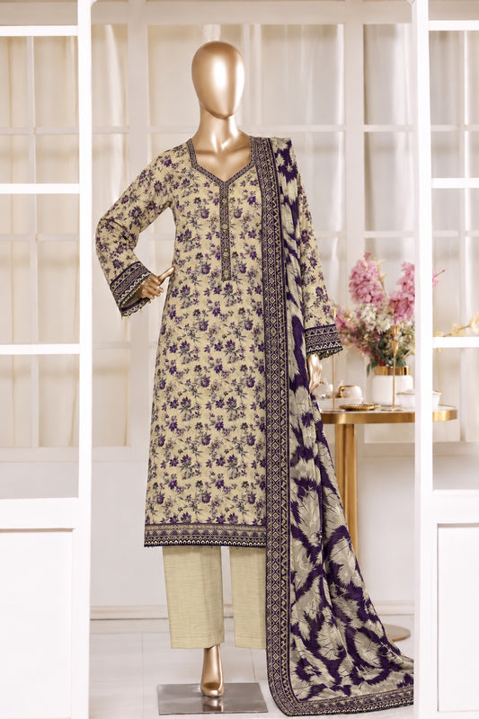 Beige khaddar suit with purple floral print and matching dupatta