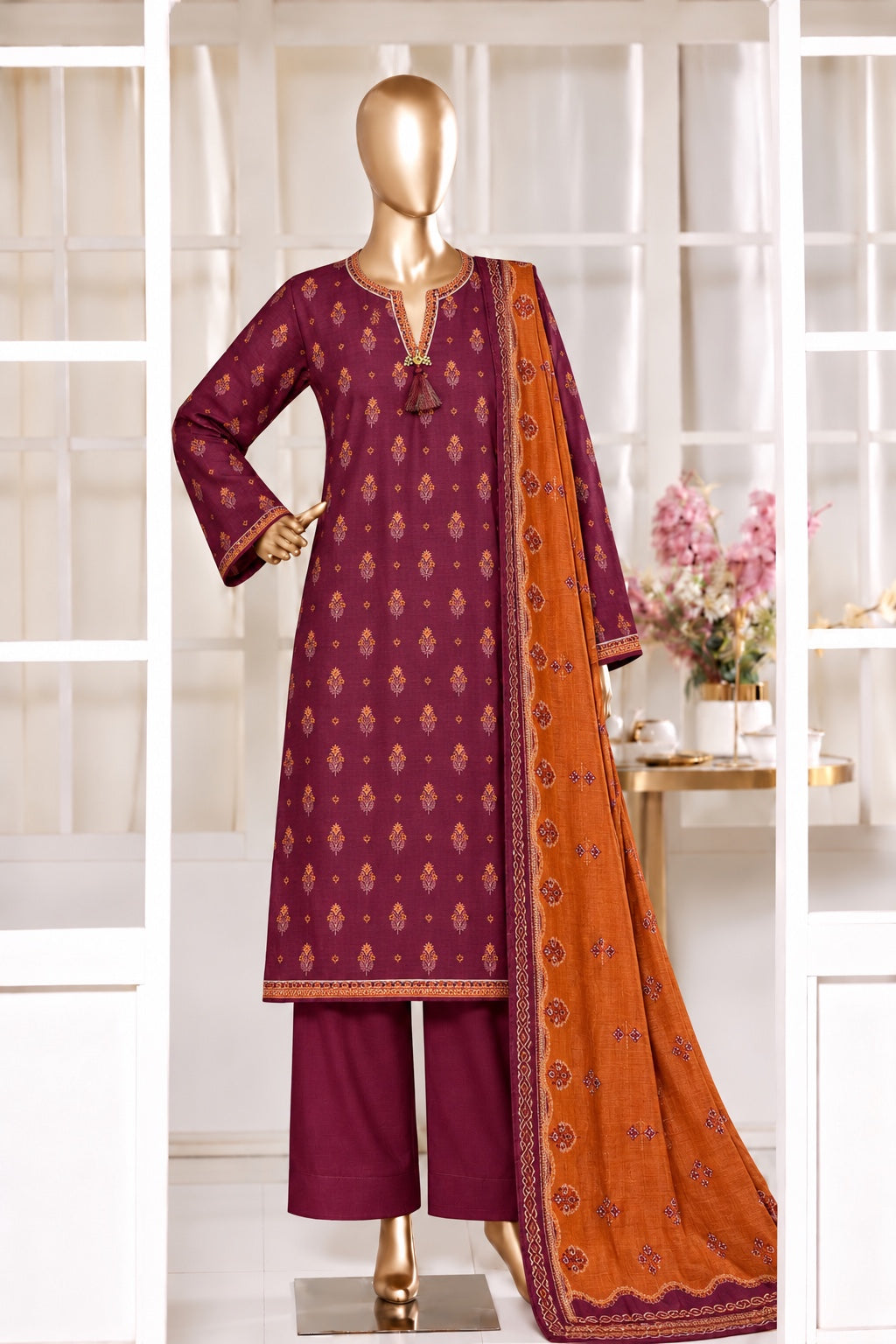 Maroon khaddar suit with orange printed dupatta